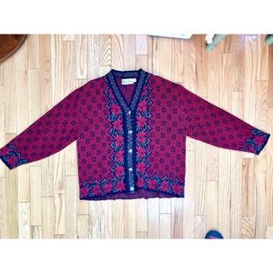 Women's Fair Isle Knit Cardigan Red Floral Sweater M Silver Buttons